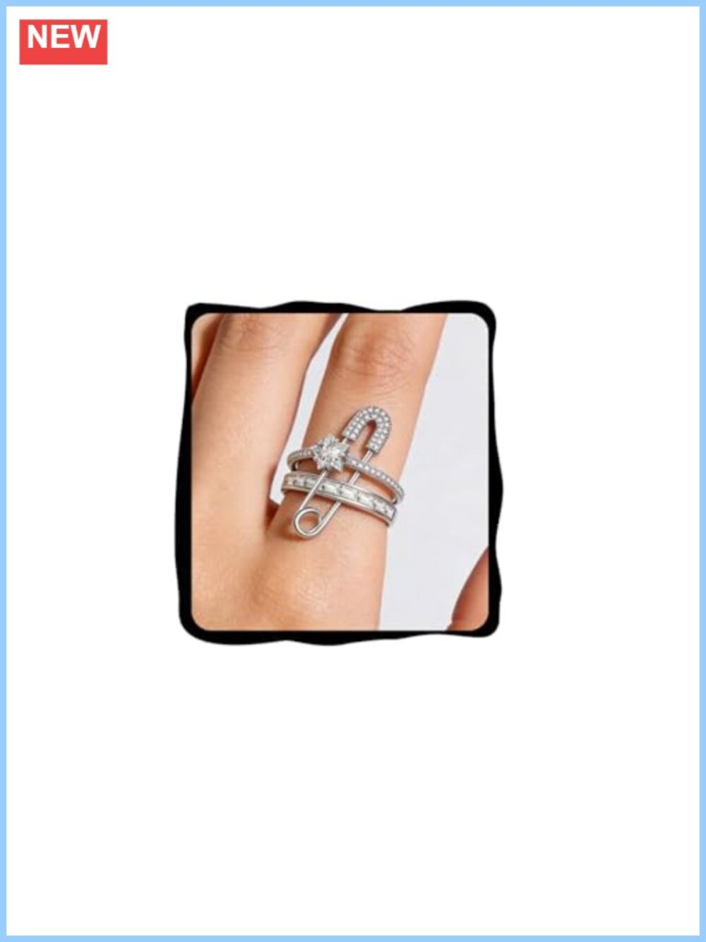 Cubic Zirconia Safety Pin Ring Adjustable Open Statement Rings